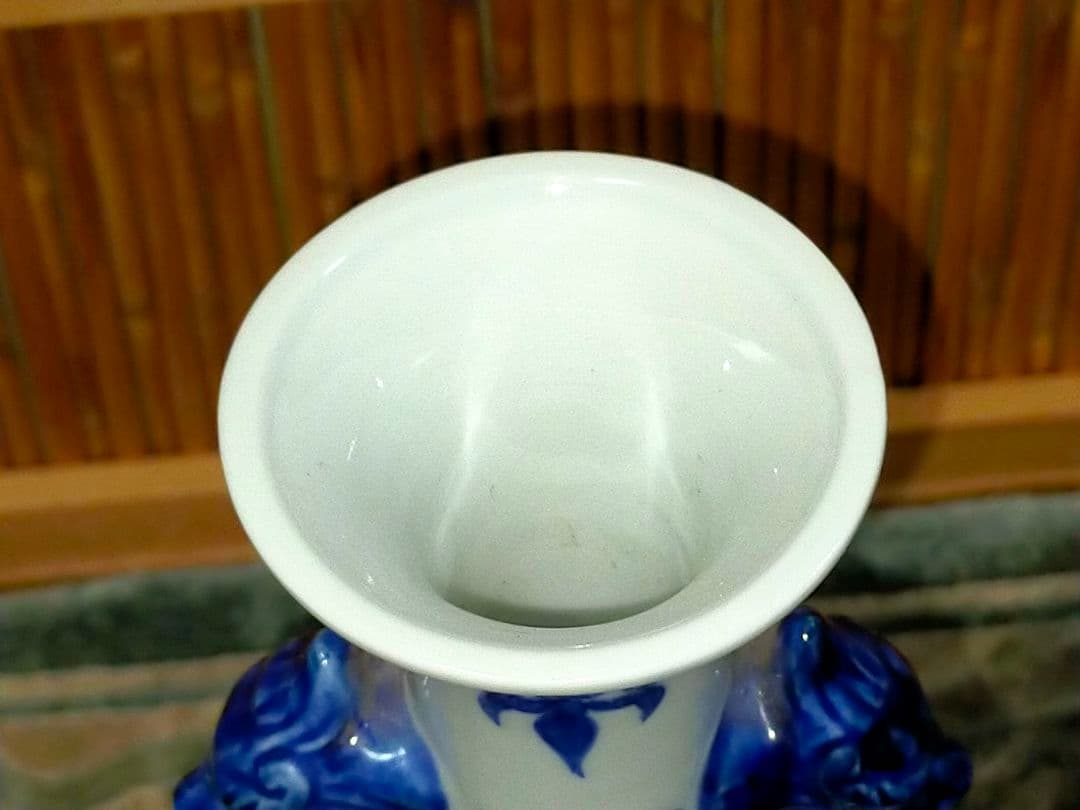 ♥値下げ！♥中国 染付 双耳 花瓶 大明成化年製 龍 鳳凰 骨董 古玩