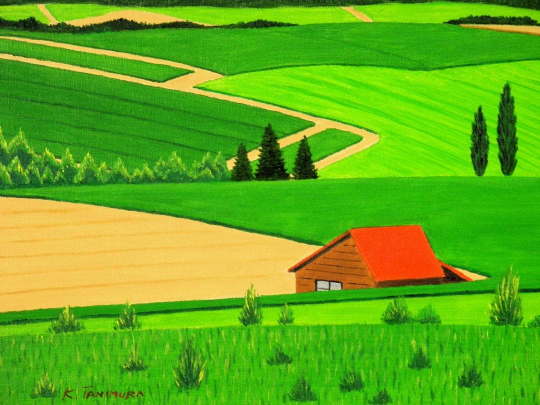 ☆美瑛・新緑の丘・肉筆油彩画・F6キャンバス