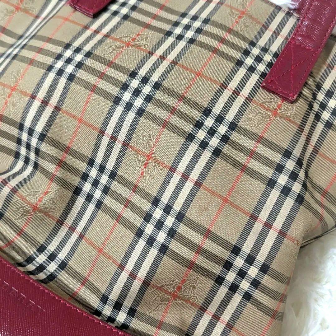 バーバリー　ノバチェック　キャンバス　レザー　ハンドバッグ　トートバッグ　赤