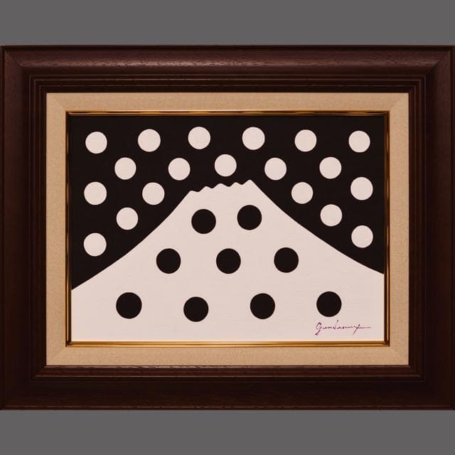 ●【雪のドット＆白富士】○がんどうあつし肉筆絵画アクリルF4ブラウン額付冬富士山 ○【雪のドット＆白富士】○がんどうあつし肉筆絵画アクリルF4ブラウン