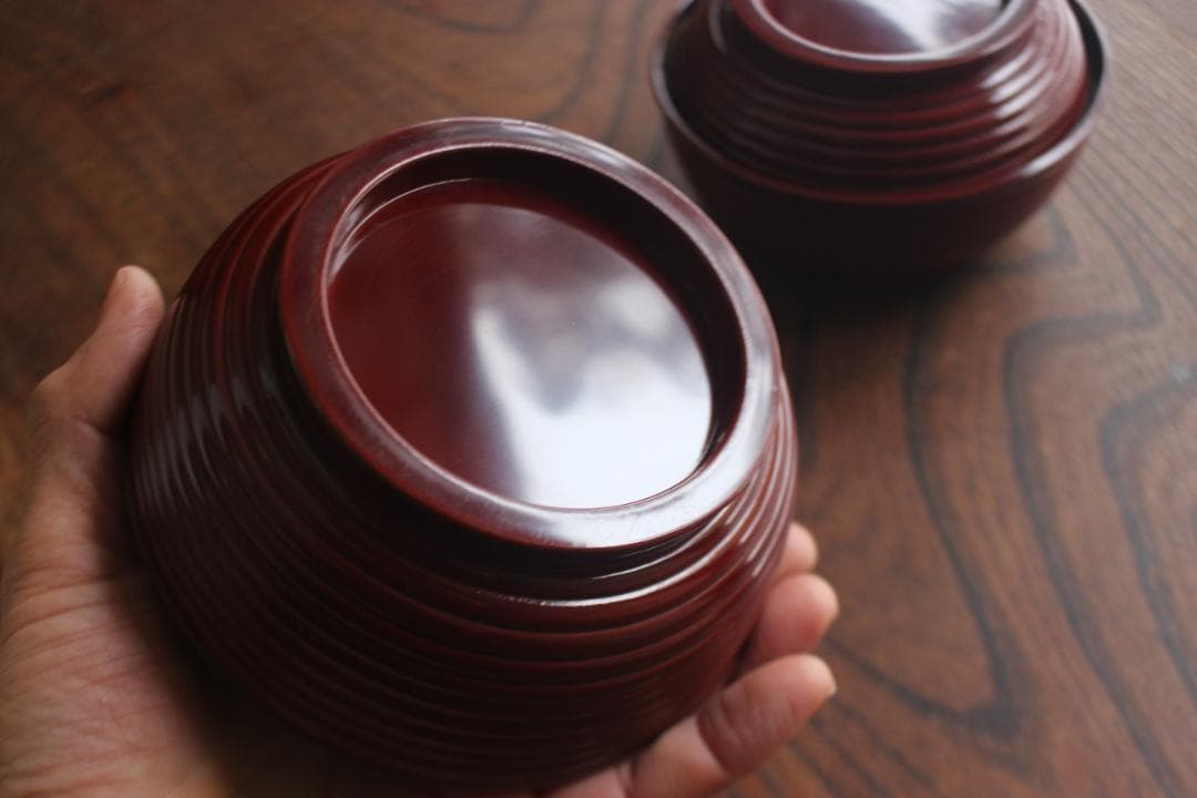 デッドストック！深みある糸目紅溜塗に極上稲穂福来雀蒔絵のお椀2点（検輪島塗雑煮椀