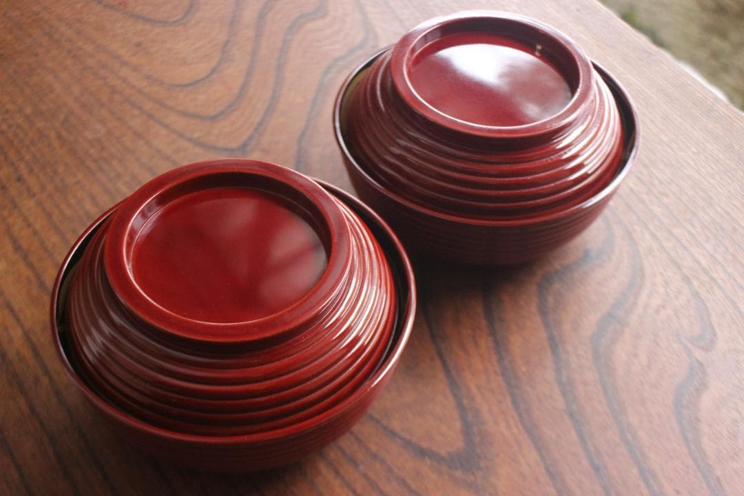 デッドストック！深みある糸目紅溜塗に極上稲穂福来雀蒔絵のお椀2点（検輪島塗雑煮椀