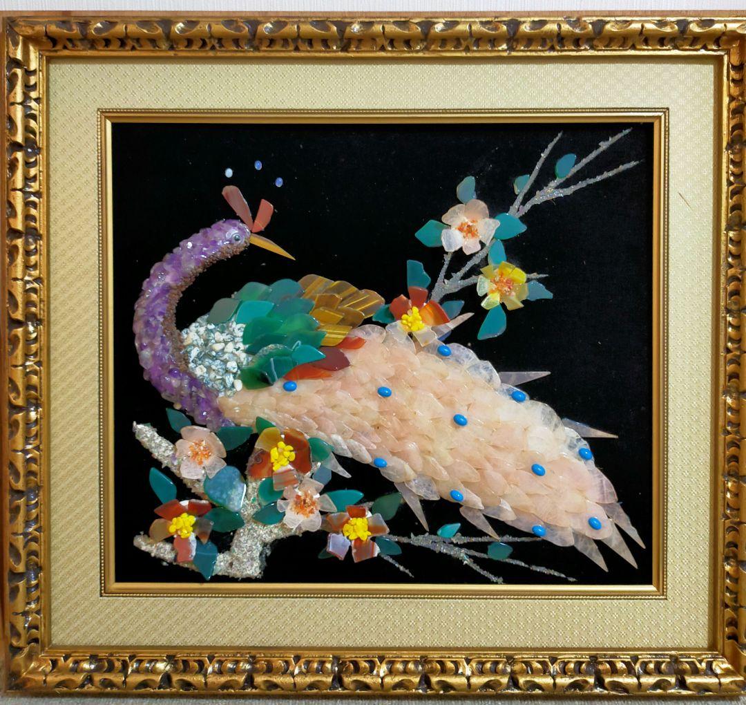 セール✨天然石細工の絵画（69cm) 宝石絵 木額縁 美術工芸品 昭和