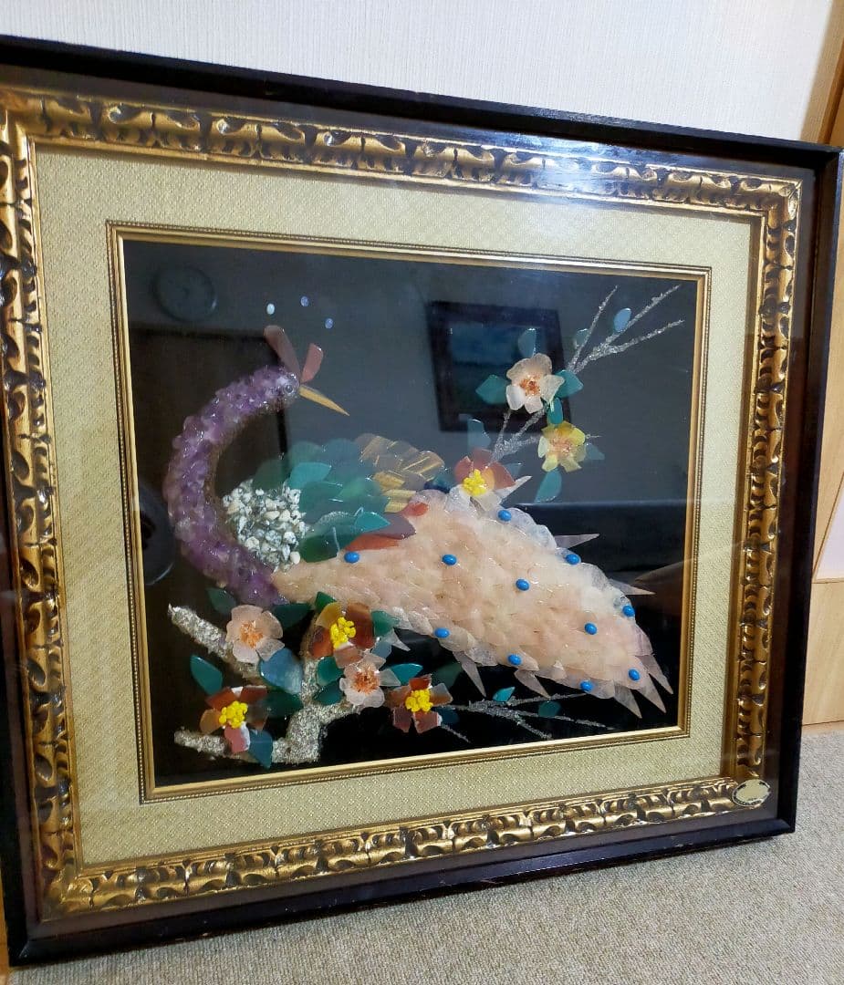 セール✨天然石細工の絵画（69cm) 宝石絵 木額縁 美術工芸品 昭和