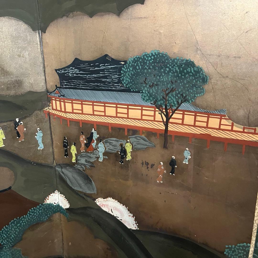 【アンティーク】蔵出し 六曲一双 屏風 人物画 風景画 日本画 金屏風 古美術