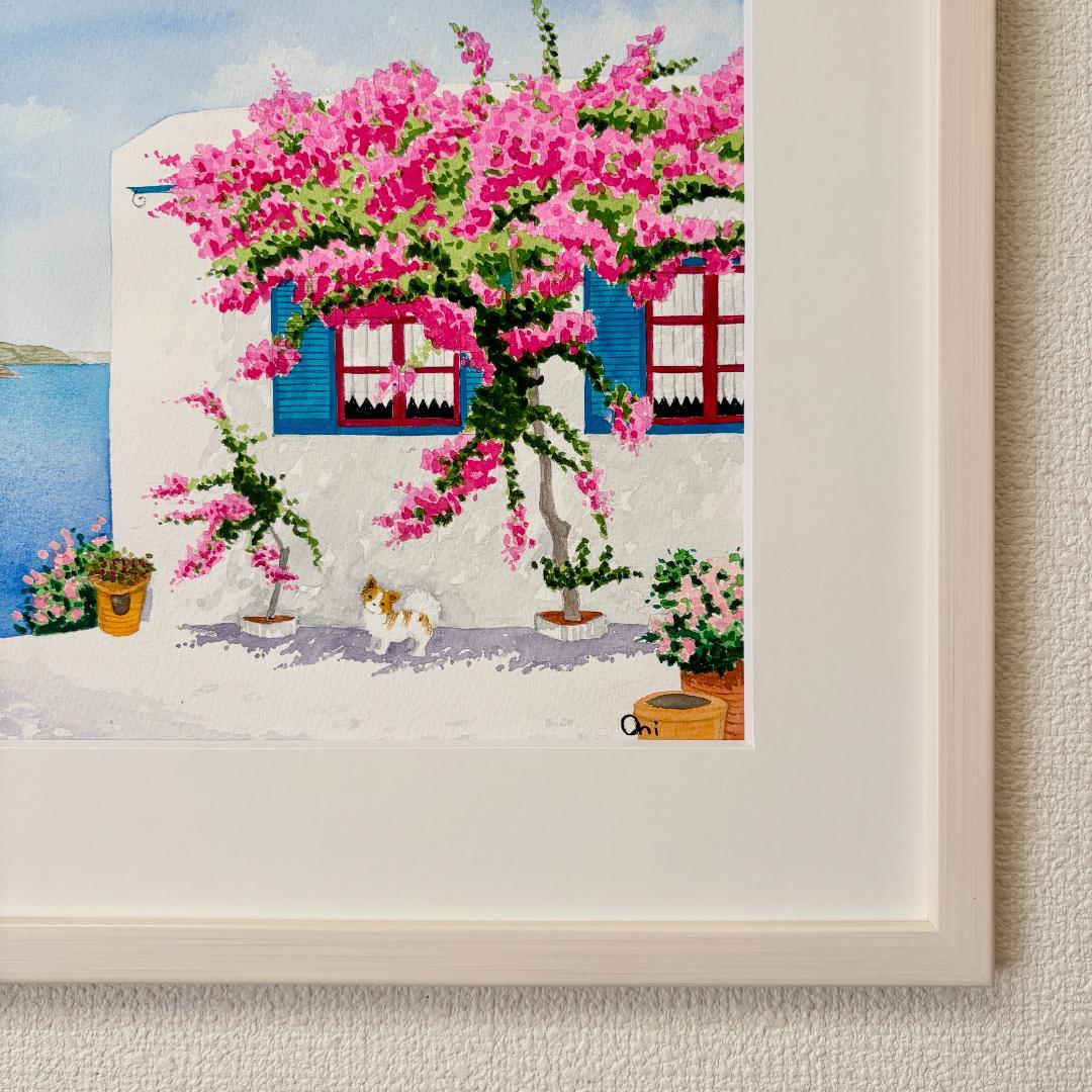 透明水彩画 原画 「エーゲ海とブーゲンビリア01」額縁付き F4サイズ 風景画