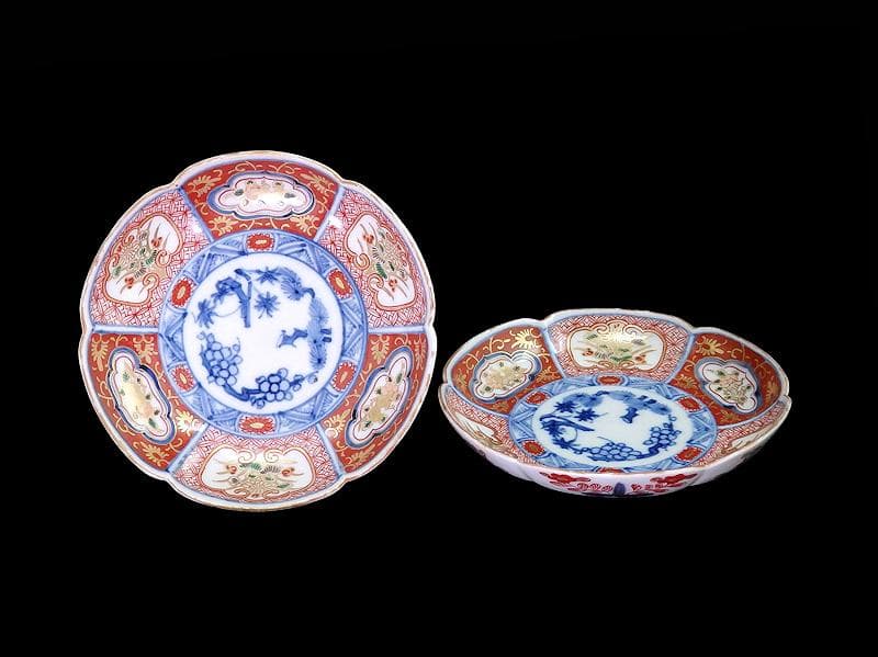大聖寺伊万里　金襴手　菊に柘榴　松竹梅の図　輪花４寸皿２枚　E638AS-DCh 大聖寺伊万里 金襴手 菊皿 4寸半皿 5客 E046AS-CYb 大聖寺伊万里 金襴