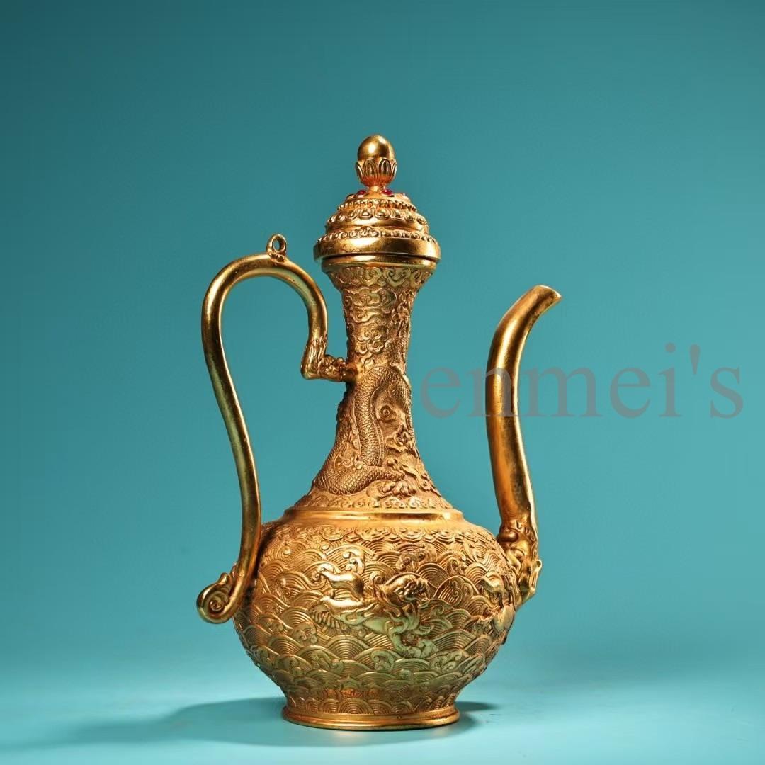 中国古美術・珍蔵純銅製・鎏金・酒器・高浮彫酒壺・純手作り・茶道具・酒具・風水置物