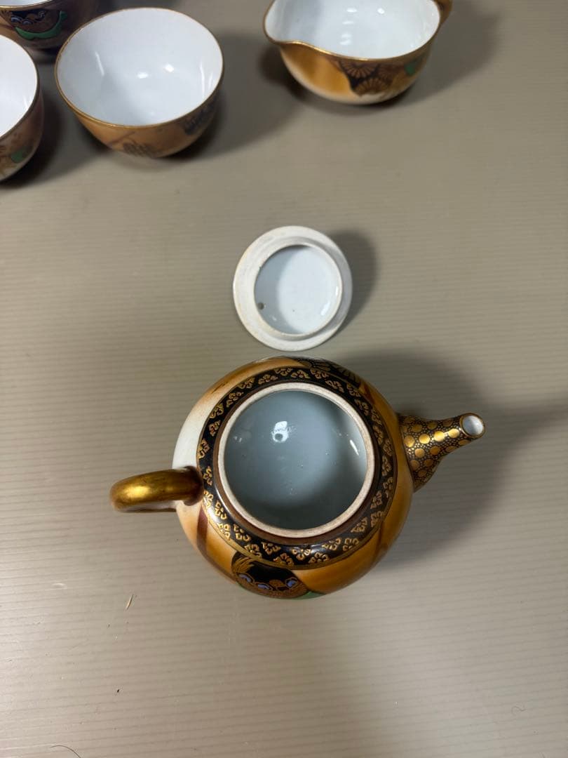 2172 九谷焼 金彩 茶器セット 急須1客 湯冷し1客 湯呑5客