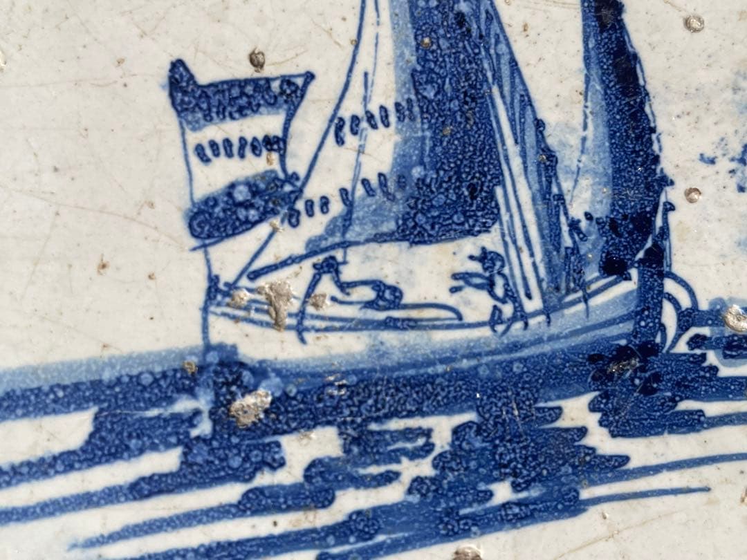 骨董 アンティーク デルフトタイル 船文様 帆船 染付 17世紀 オランダ