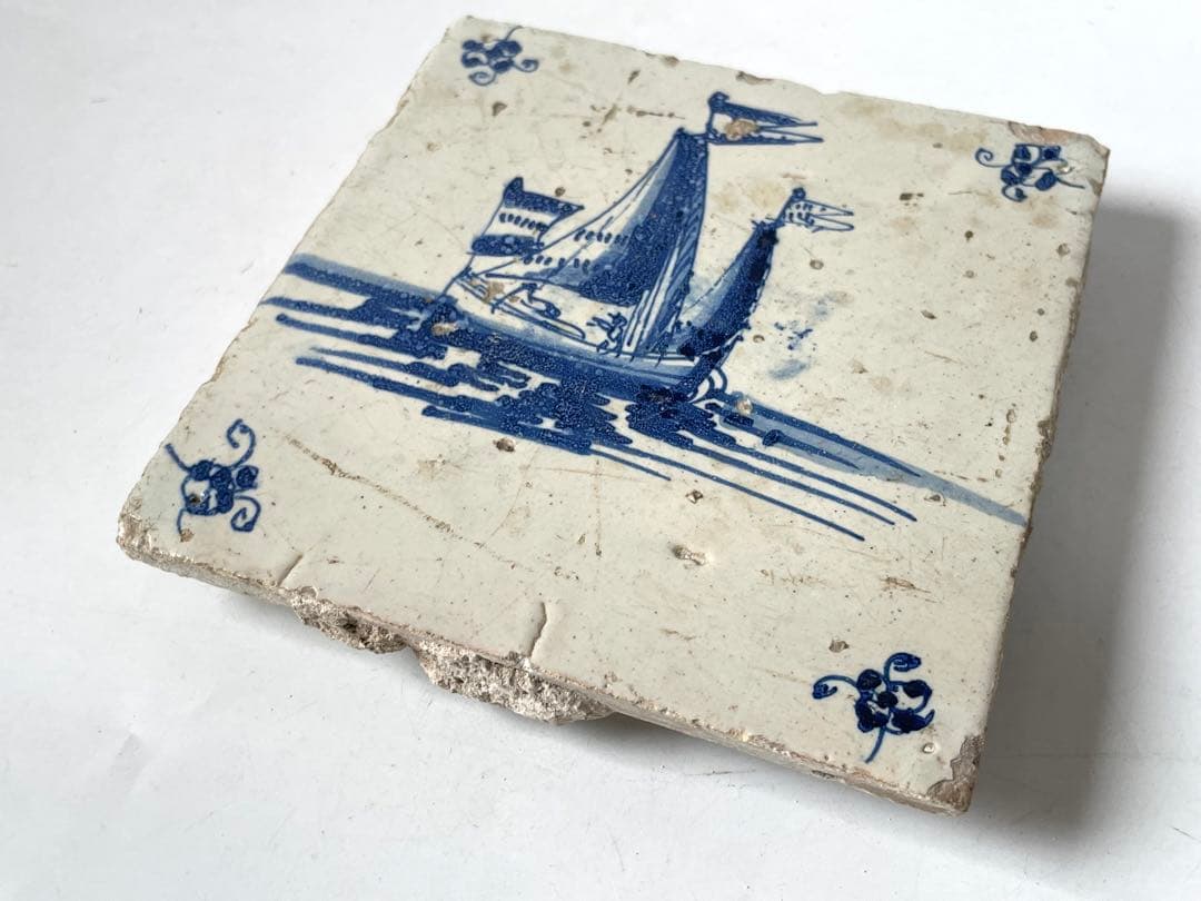 骨董 アンティーク デルフトタイル 船文様 帆船 染付 17世紀 オランダ