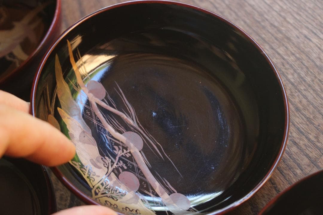 ばら売り可！時代内黒溜塗に優美な月蒔絵の映える小皿8点（検輪島塗蒔絵皿銘々皿