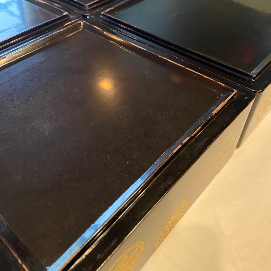 輪島塗　四段重箱　定紋八寸重箱　点彫り沈金　共箱付