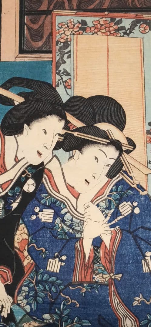 浮世絵版画、見立源氏琴碁書画之内遠音のあはせもの三枚綴り、三代豊国画元治元年出版