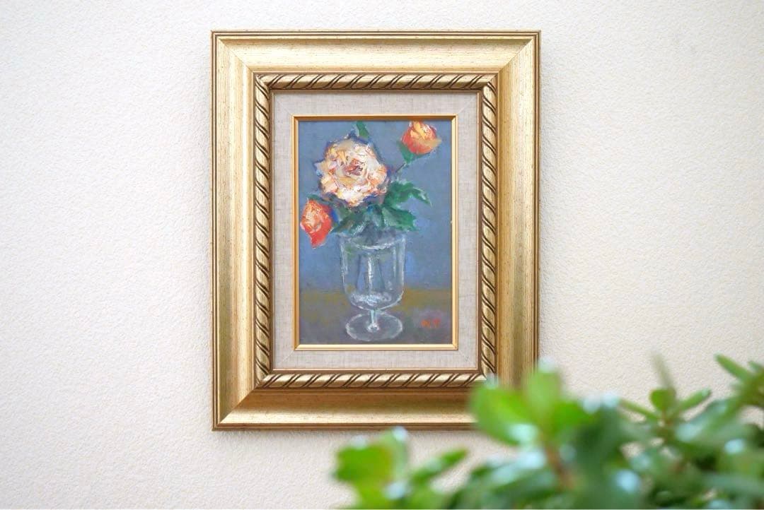 【肉筆】油絵 薔薇 豪華額縁付き 薔薇の絵 真筆 アンティーク インテリア 風水