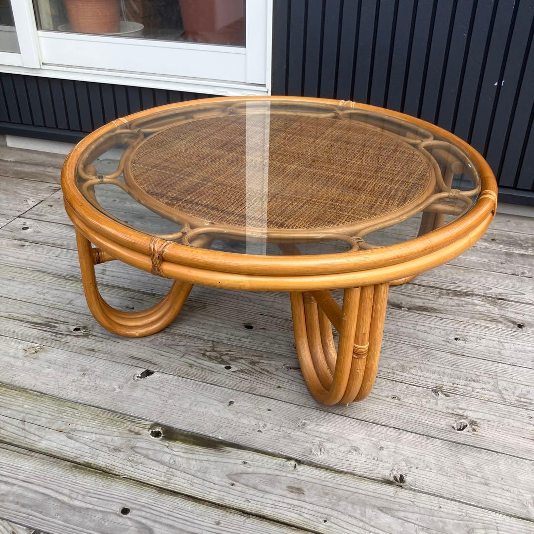 昭和レトロ 籐家具 ラタンテーブル ラウンドテーブル 座卓 ビンテージ 円卓