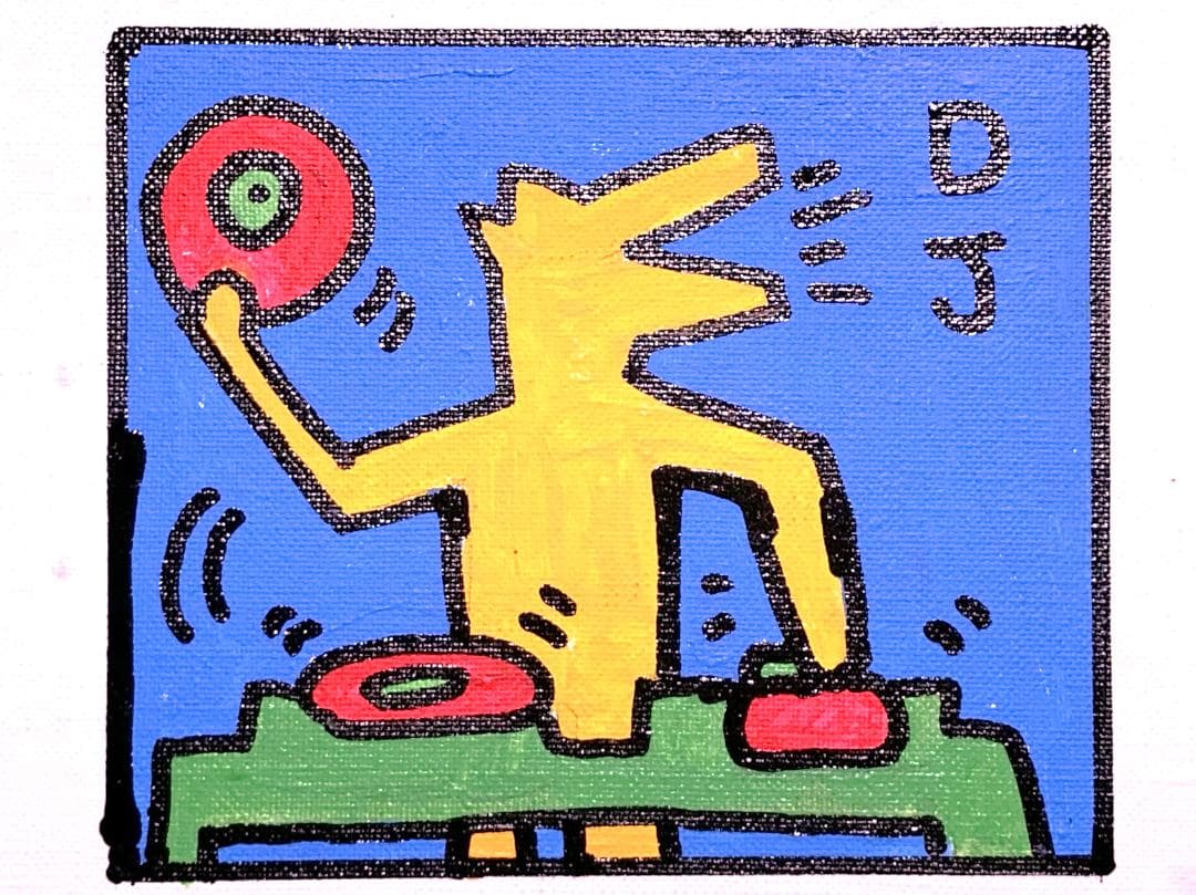 キース・へリング『DJ』】 肉筆油彩 キャンバスF3 額装