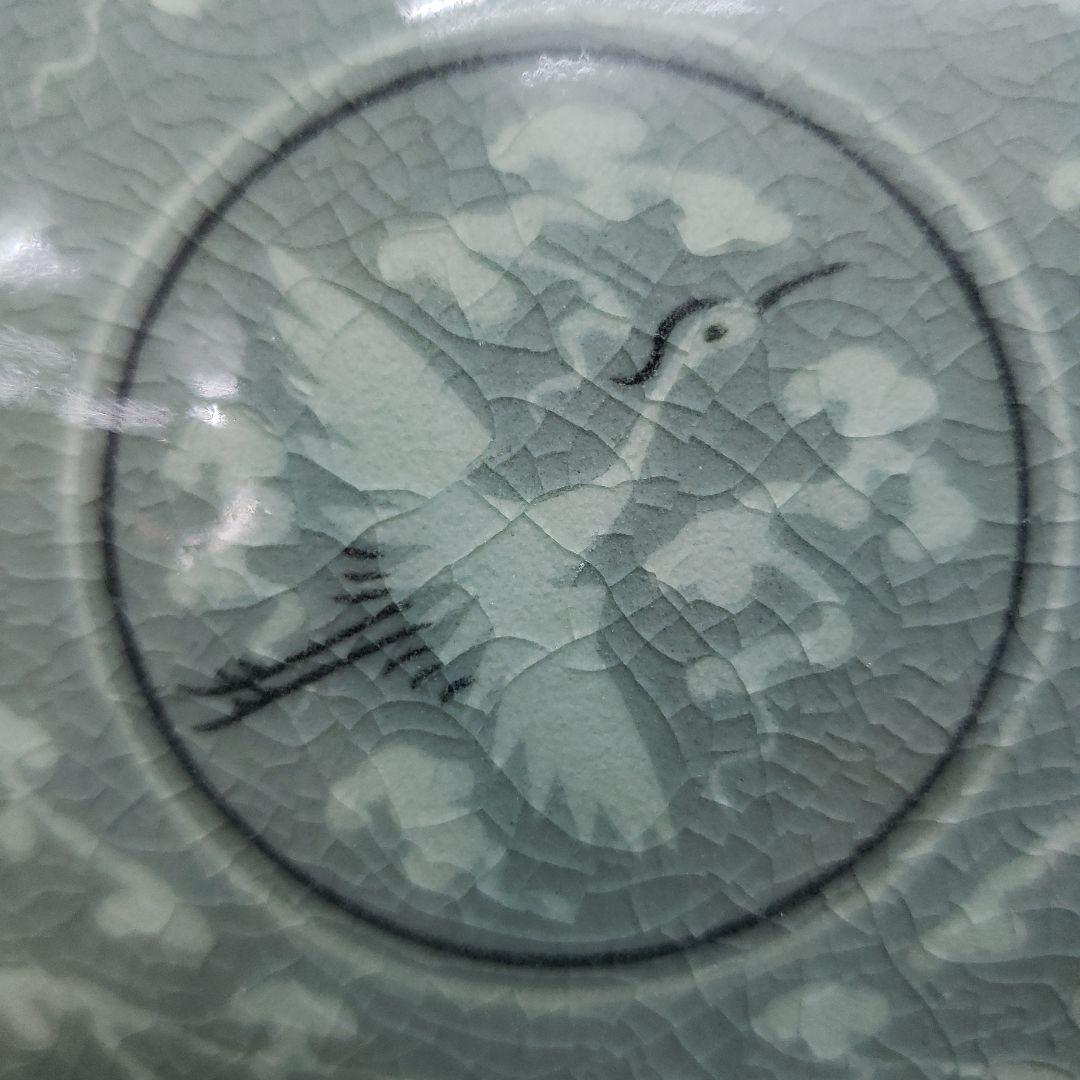 Bフライデー蔵出し特価 青磁 鶴模様 陶器 花瓶 作家物海剛作桐箱