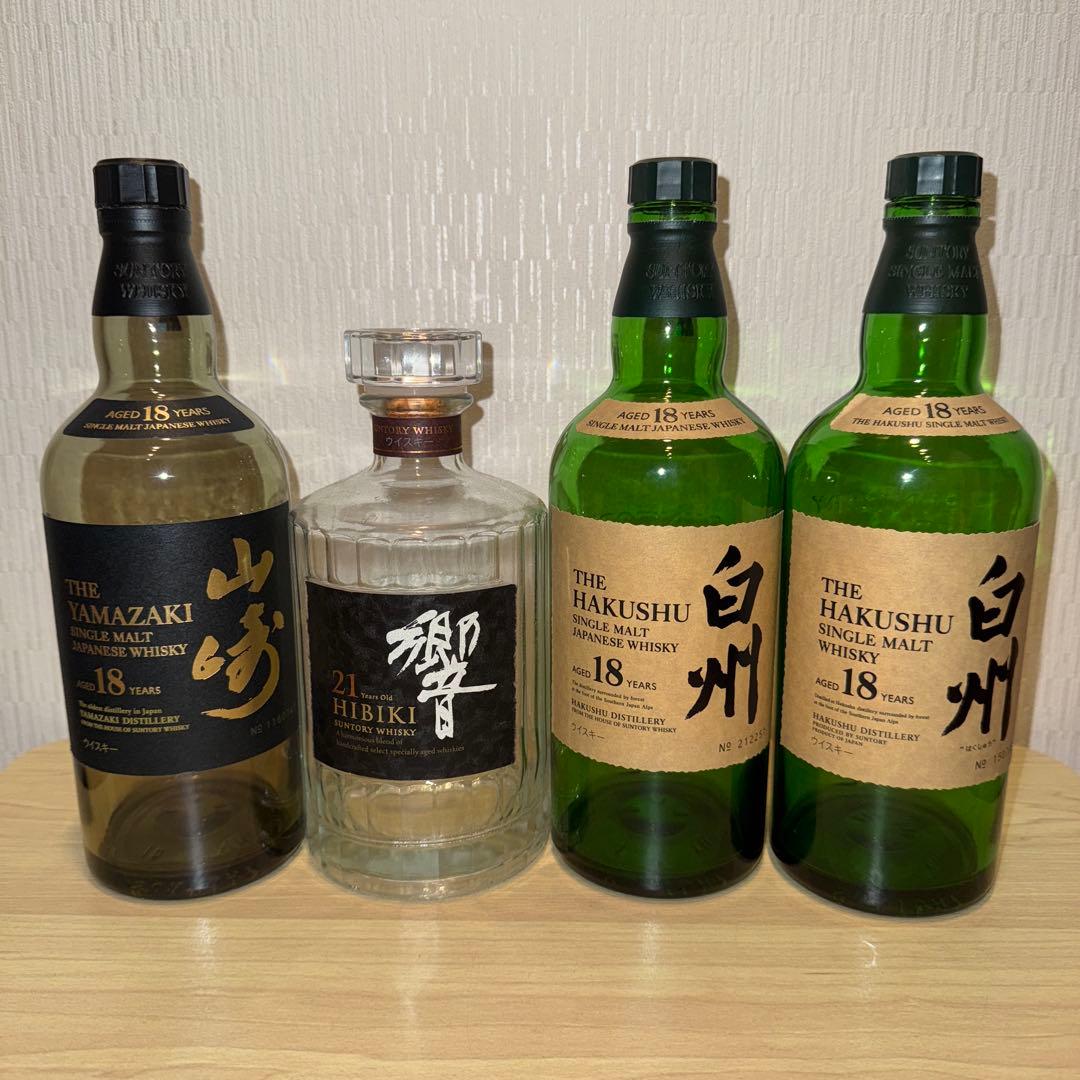 山崎18年　響21年　白州18年　空瓶　未洗浄　計4本セット 山崎18年・白州18年・響21年 空瓶・未洗浄・箱付き / 響