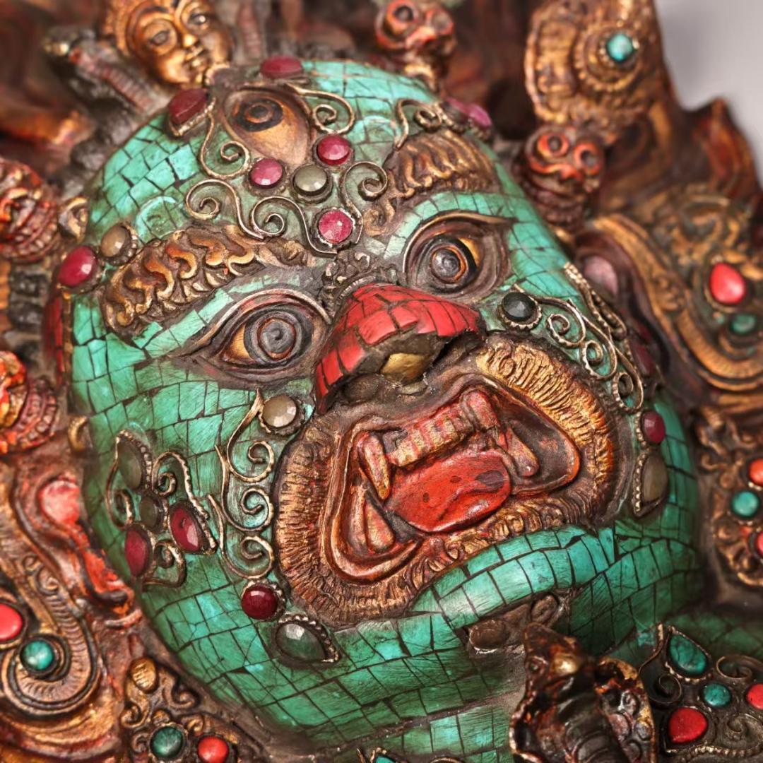 中国古美術『西蔵寺院旧蔵 マハーカーラ面具』純銅製 鍍金彩絵 高浮彫鏨