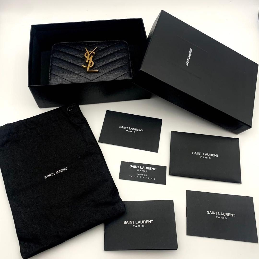 箱付き 美品 サンローラン 財布 カサンドラ YSL 二つ折り コンパクト 黒