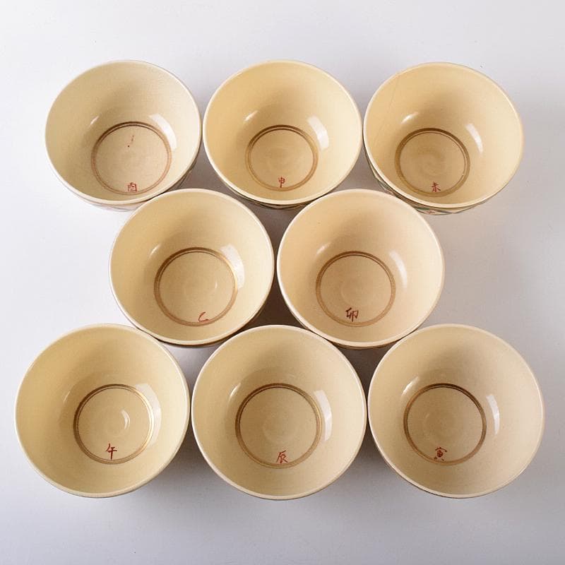 茶道具 京焼 杉田祥平造 色絵仁清 七宝干支図 茶碗 八客 共箱 MR7890B