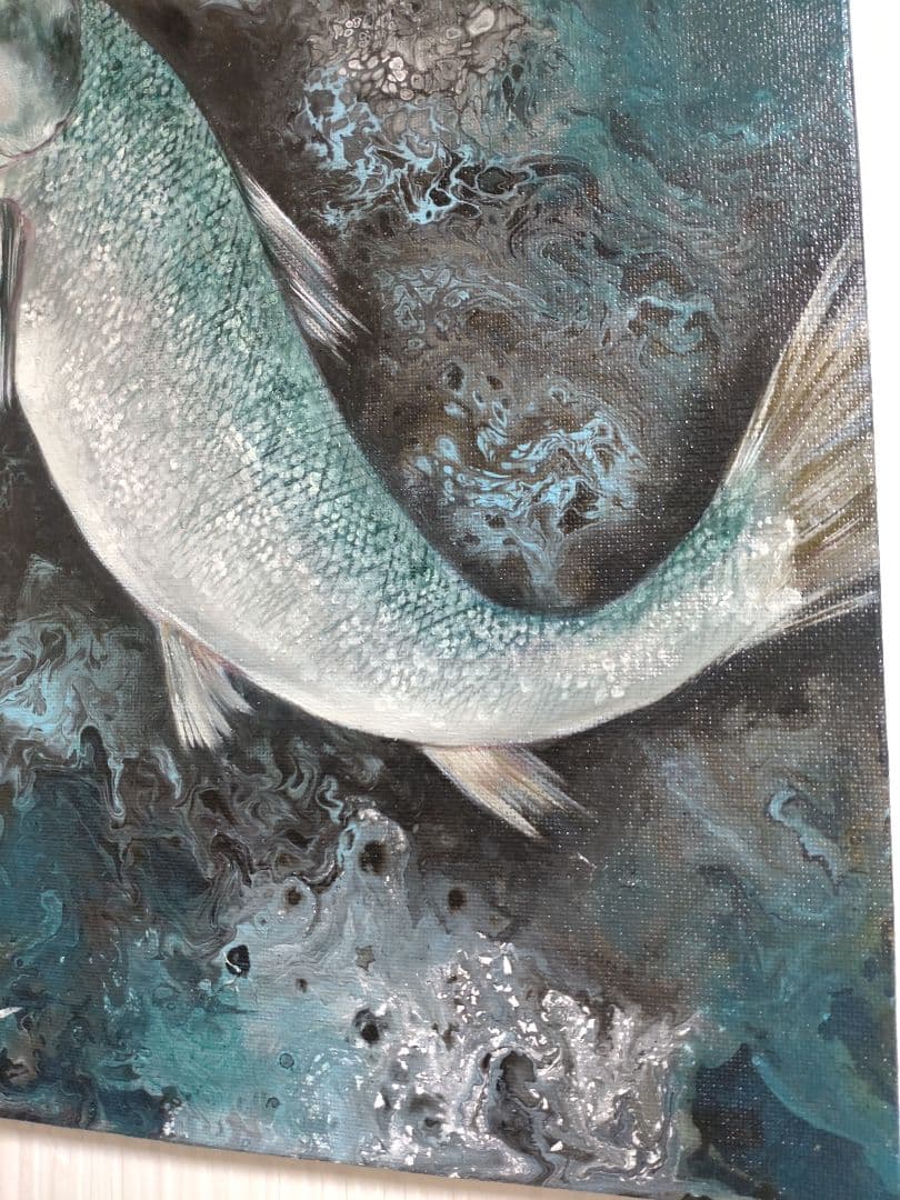 鮭の油絵【鮭の夢】作者サイン入り/真作/F4号キャンバス