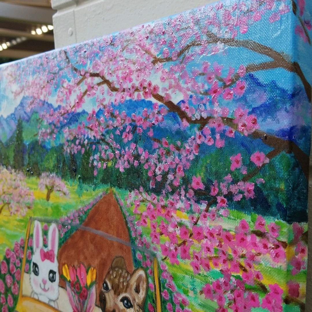 油絵　星野莉莉　ボルボに乗るうり坊とうさぎさんのカップル　バラとさくら