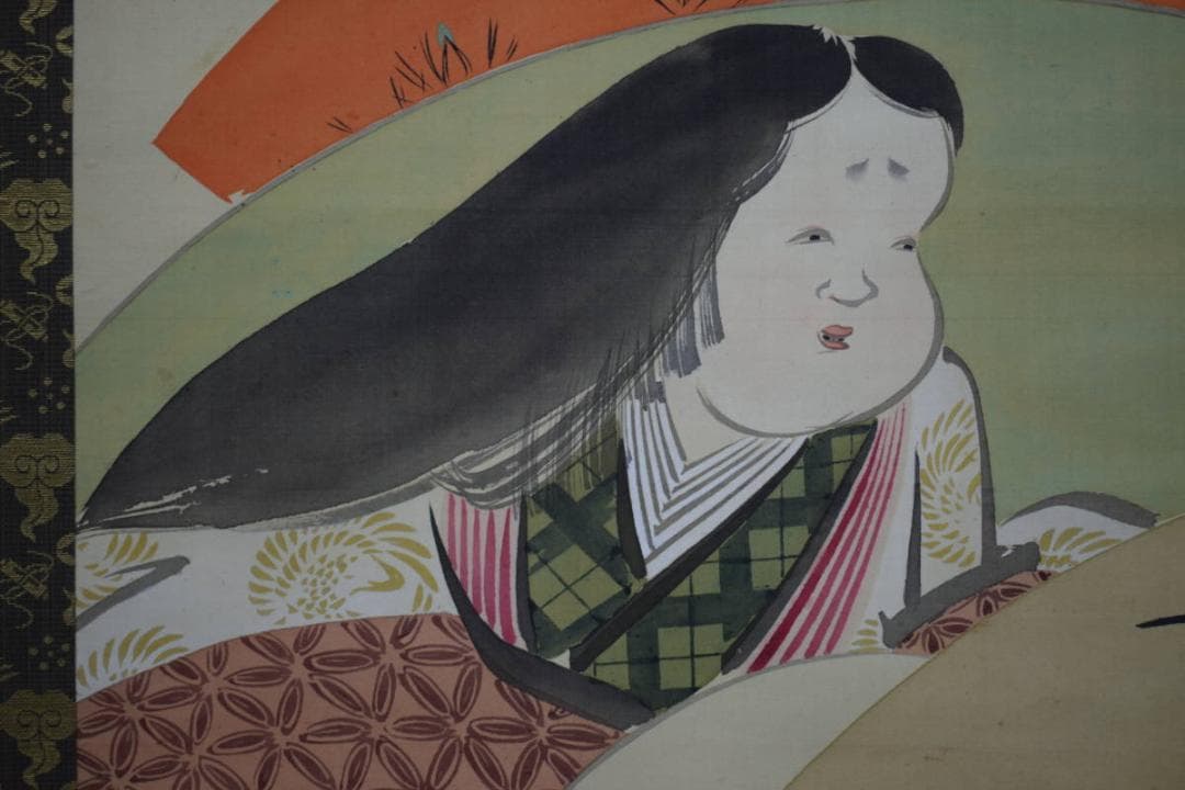 真作/守中/扇面/梅にお福図/大幅/布袋屋掛軸HG-439