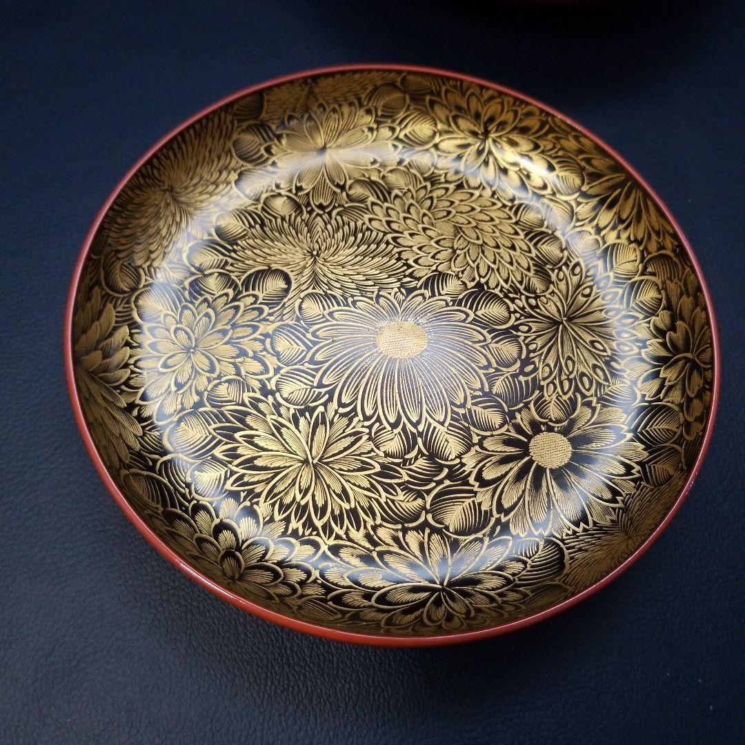 朱漆塗 見返し 総沈金 菊花紋詰 蓋付き 菓子椀 吸物椀 懐石椀 3客
