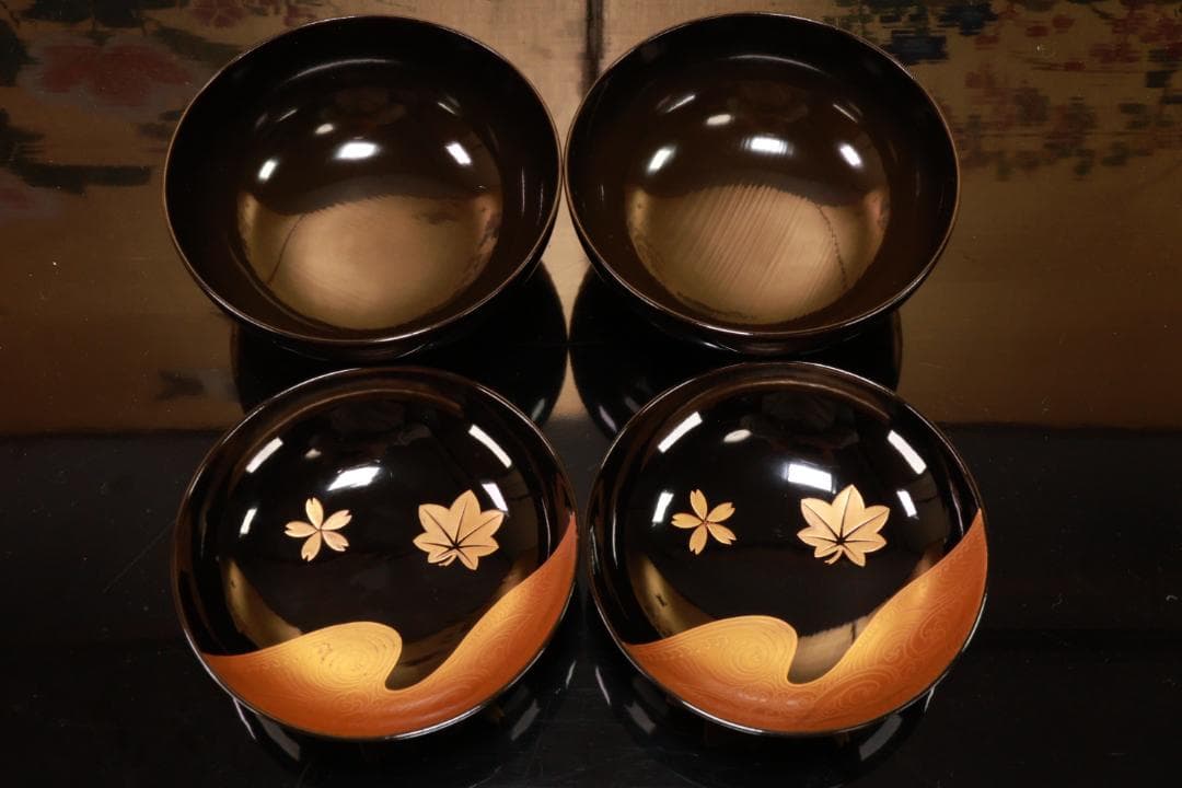 BJ111 時代輪島塗 流水紅葉桜図蒔絵 吸物椀 二客 木製 茶道具 懐石 会席