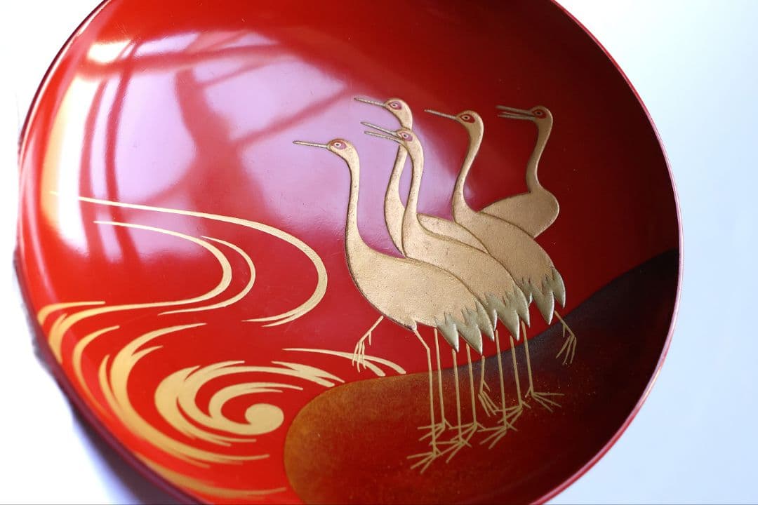 【CM372】時代木製漆器 光琳写 金蒔絵 群鶴図 朱塗 引盃 五客 小皿 杯