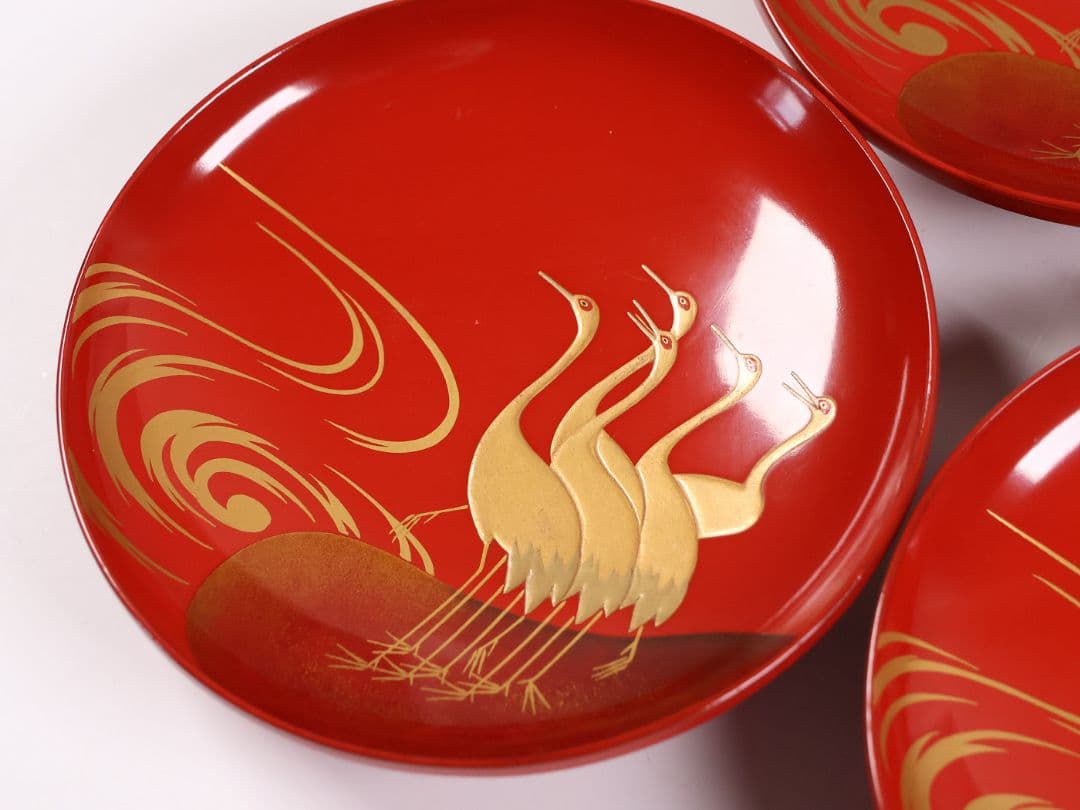 【CM372】時代木製漆器 光琳写 金蒔絵 群鶴図 朱塗 引盃 五客 小皿 杯