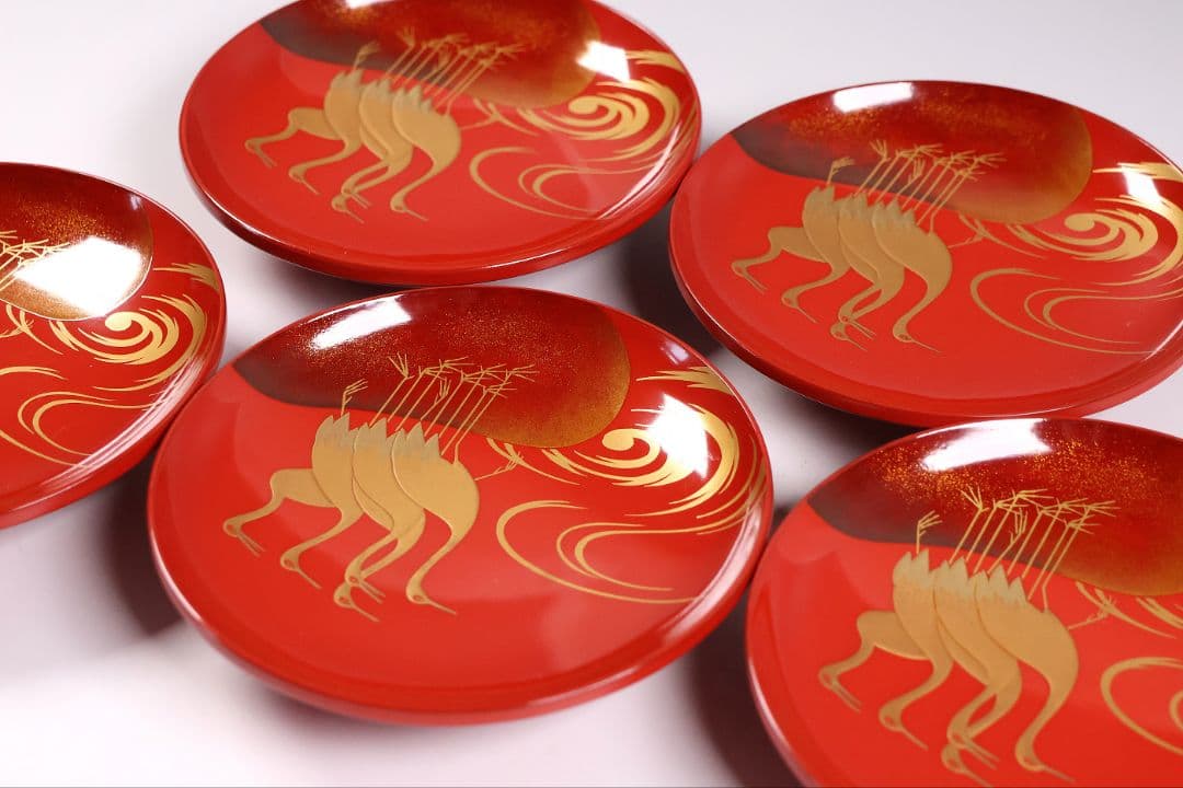 【CM372】時代木製漆器 光琳写 金蒔絵 群鶴図 朱塗 引盃 五客 小皿 杯