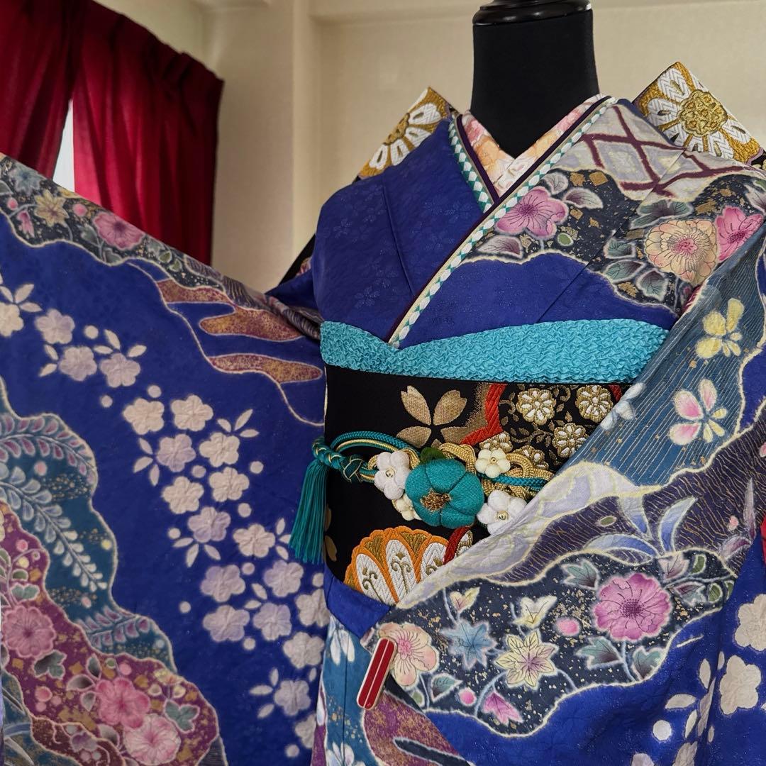 豪華振袖フルセット(7点)・青色・辻が花・金通し地・古典柄・絞り・舞
