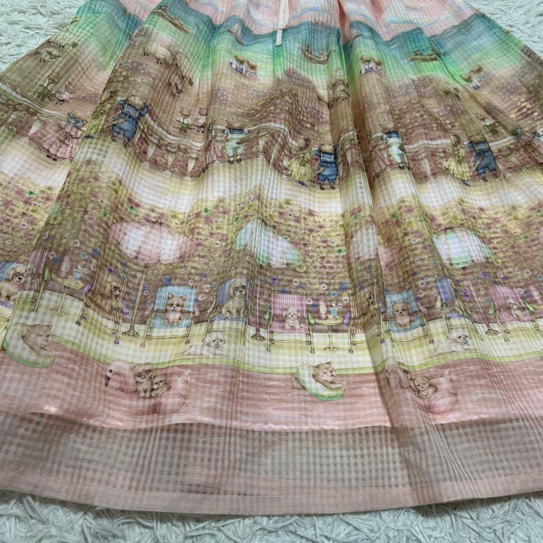 13954✨yukiemon 転写 犬 ビーチ チュール フレアスカート ピンク