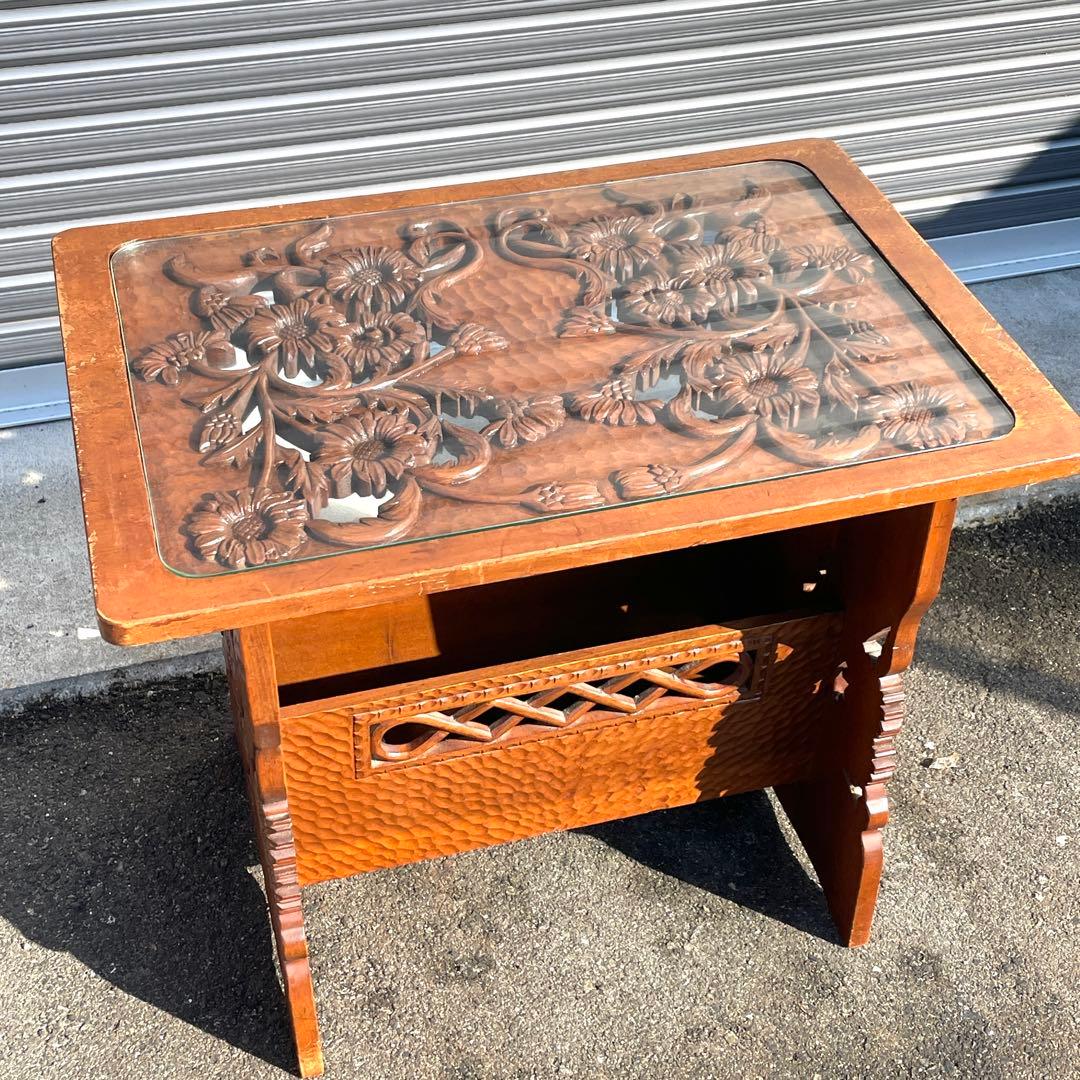 アジアンスタイル 木製彫刻テーブル ガラス天板付き - メルカリ