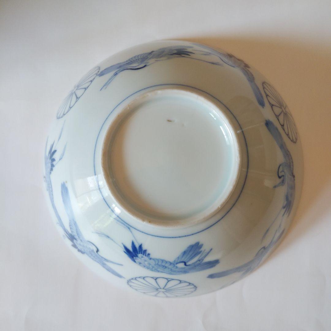 希少品 古伊万里 染付 十六弁菊花群鶴文碗 伊万里焼 天皇家 禁裏御用品