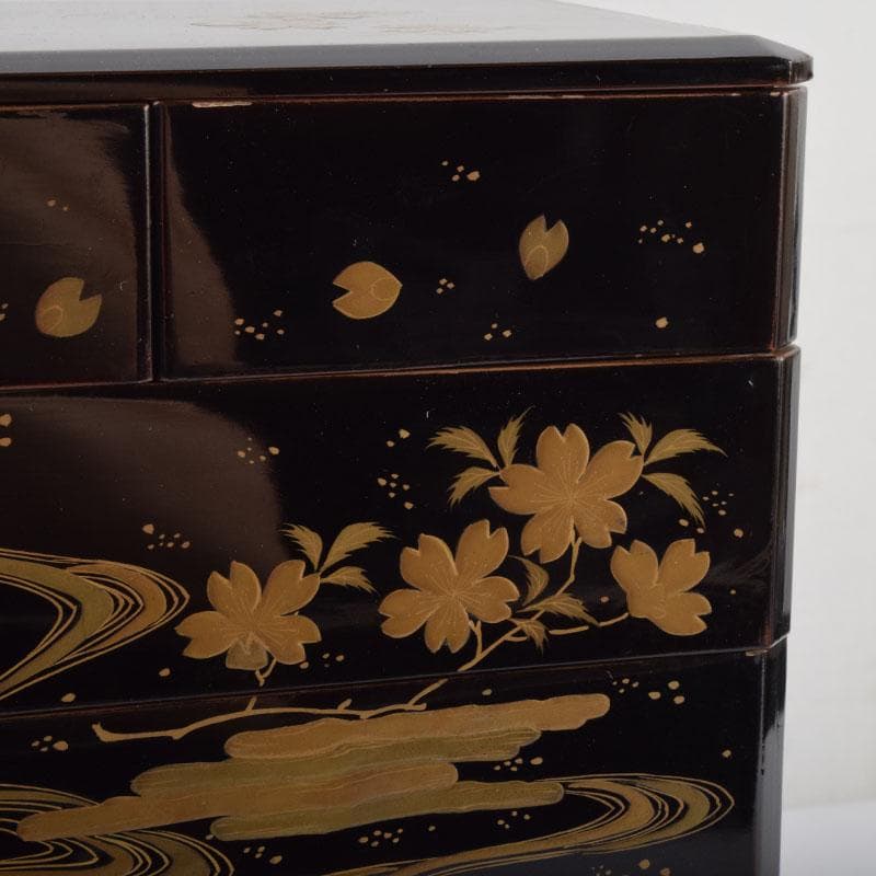 茶道具　黒漆　花草蒔絵　五段重箱　共箱　C　9121