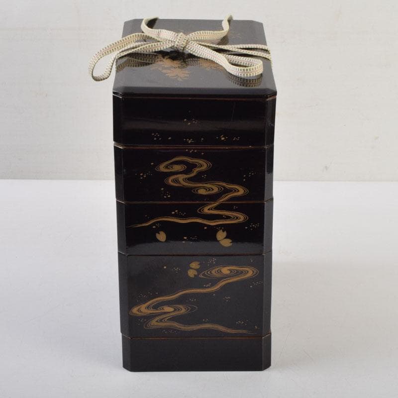 茶道具　黒漆　花草蒔絵　五段重箱　共箱　C　9121