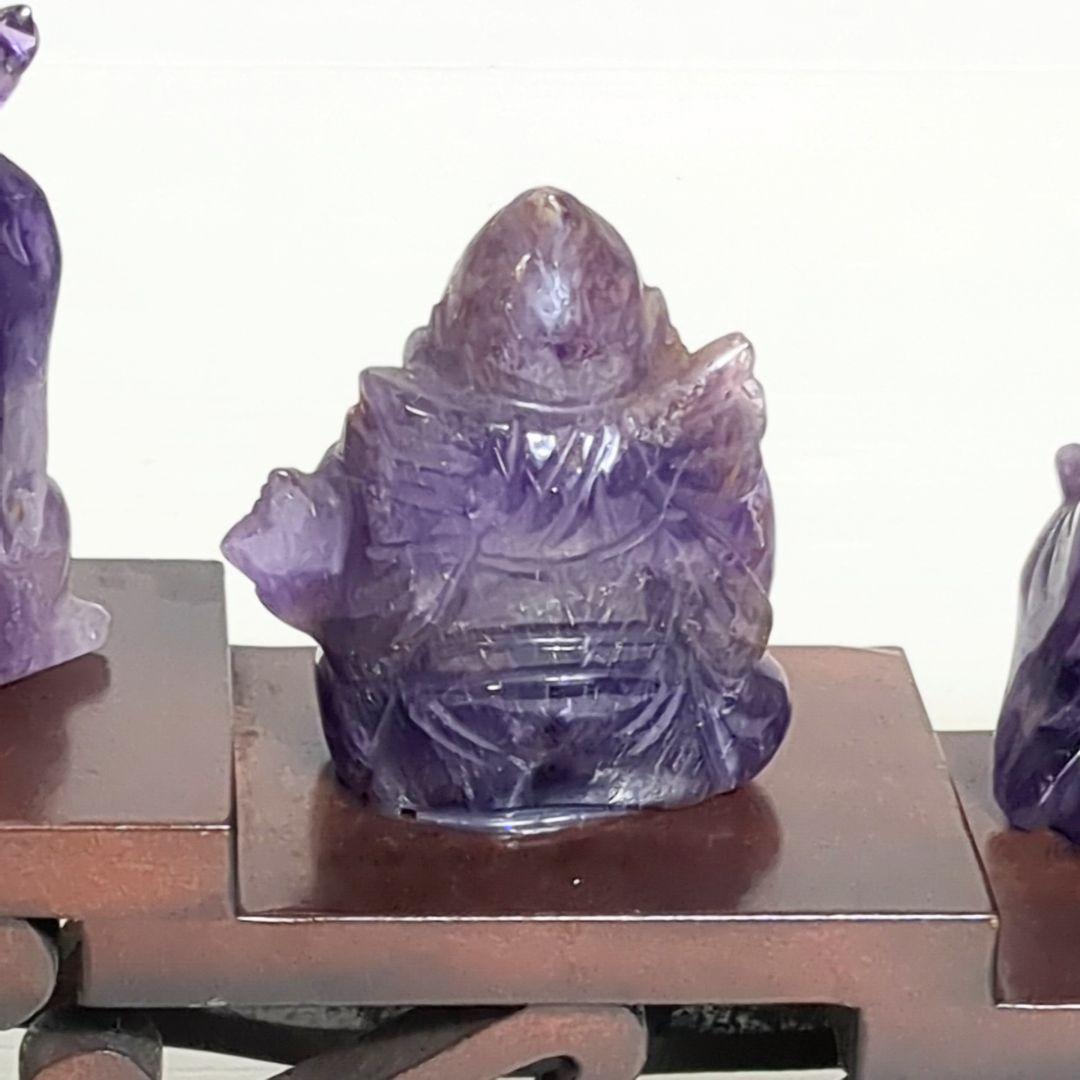 縁起物 紫水晶 アメジスト 七福神 置物 木製台座 風水 置物 幸運」の