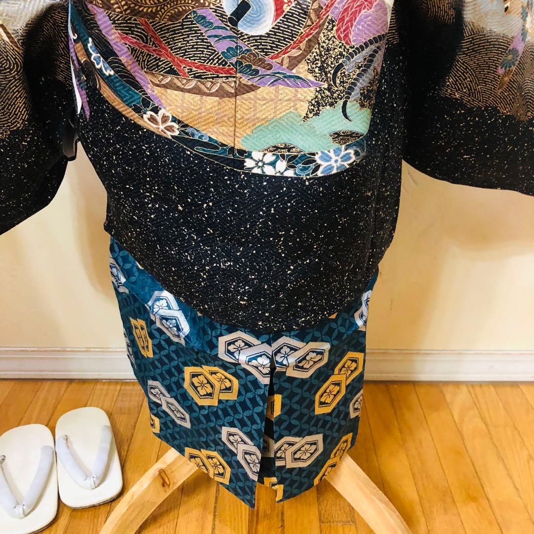 七五三 五歳‼️正絹豪華絢爛黒地金箔ラメキラキラ鷹巻物金彩‼️完全フルセット 揃える