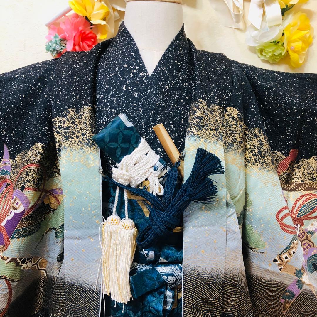 七五三 五歳‼️正絹豪華絢爛黒地金箔ラメキラキラ鷹巻物金彩‼️完全フルセット 揃える