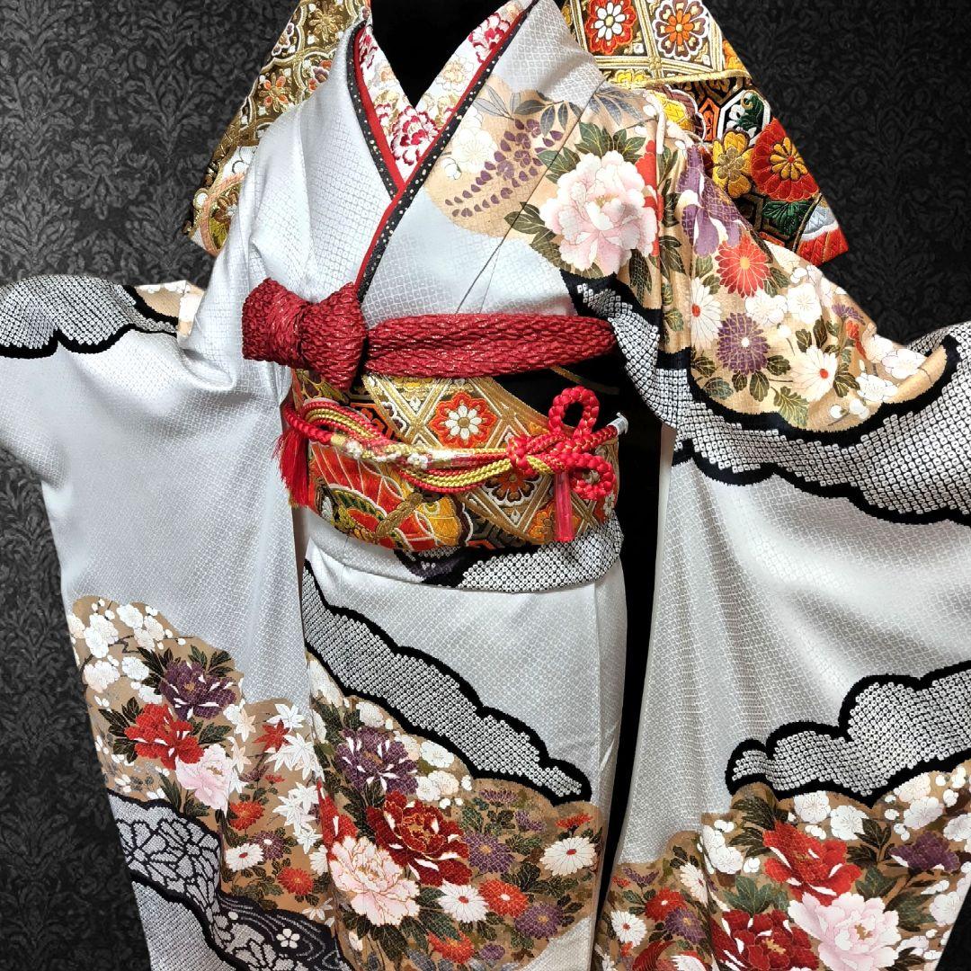 県民共済 振袖 長襦袢 帯 正絹 グリーン 金 赤 黒 フルセット ふりふ