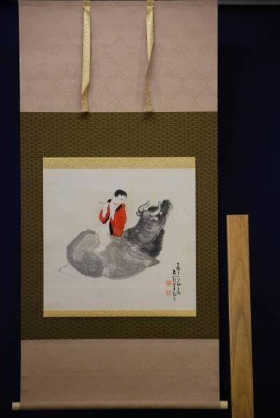 不詳/作者不詳/牛に笛吹き童子図/布袋屋掛軸HC-759