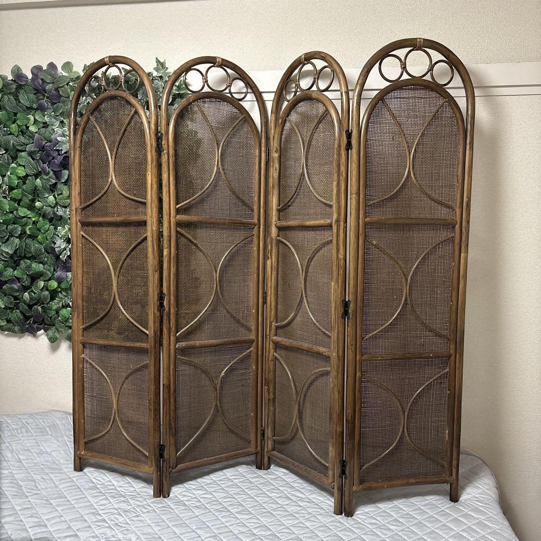 昭和レトロ 籐 ラタン 4連 パーテーション 衝立 目隠し 間仕切り