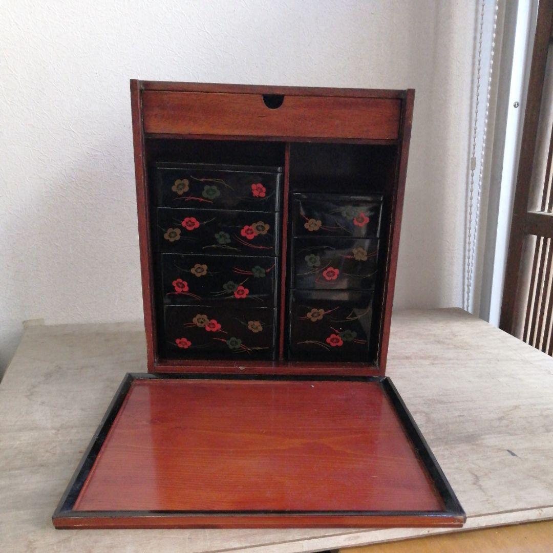 骨董 弁当箱 漆器 木製 重箱 木箱 お盆 セット 松葉に梅