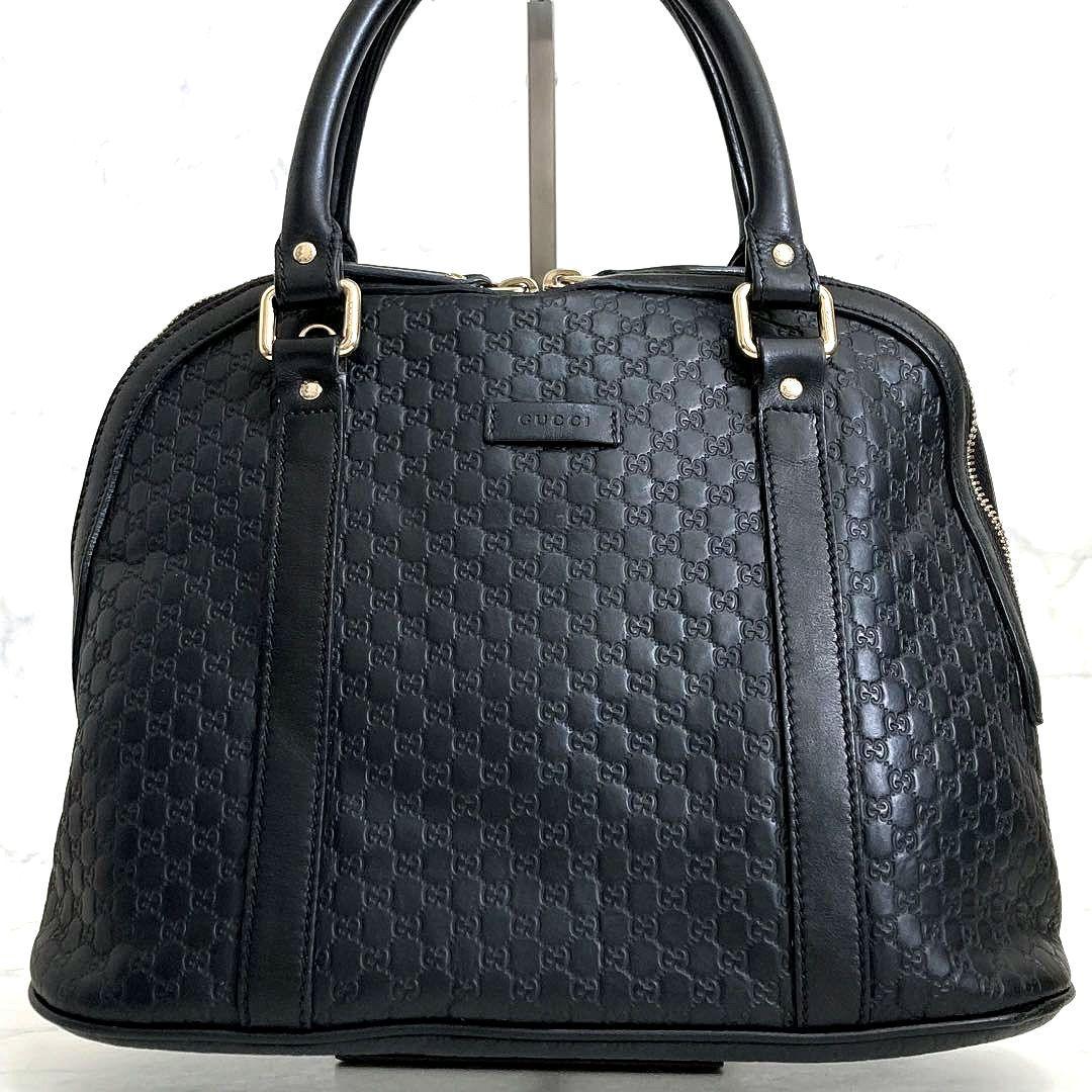 GUCCI マイクロシマ ハンドバッグ レザー ロゴ GG トート ブラック