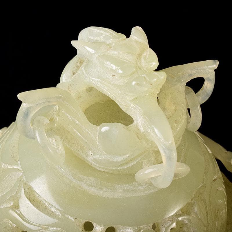 中国 玉石彫刻 雙耳活環 龍鈕蓋爐 塔香炉 唐木台付