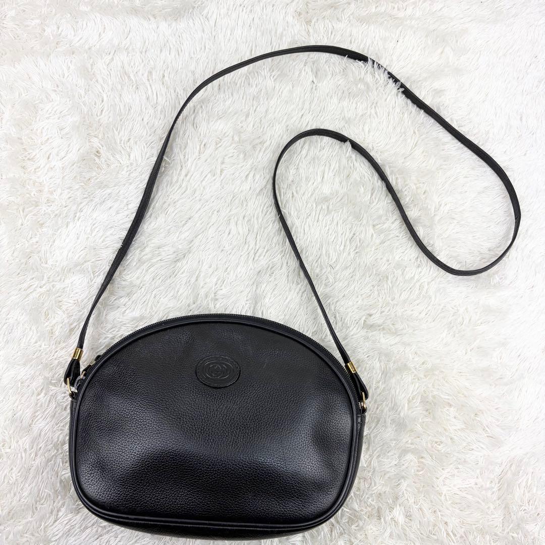 【美品】オールドグッチ ロゴ型押し オールレザー ショルダーバッグ ブラック